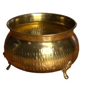 Vintage Hammered Brass Bowl Planter w Feet India Patina Cauldron 5"H 7" Diameter